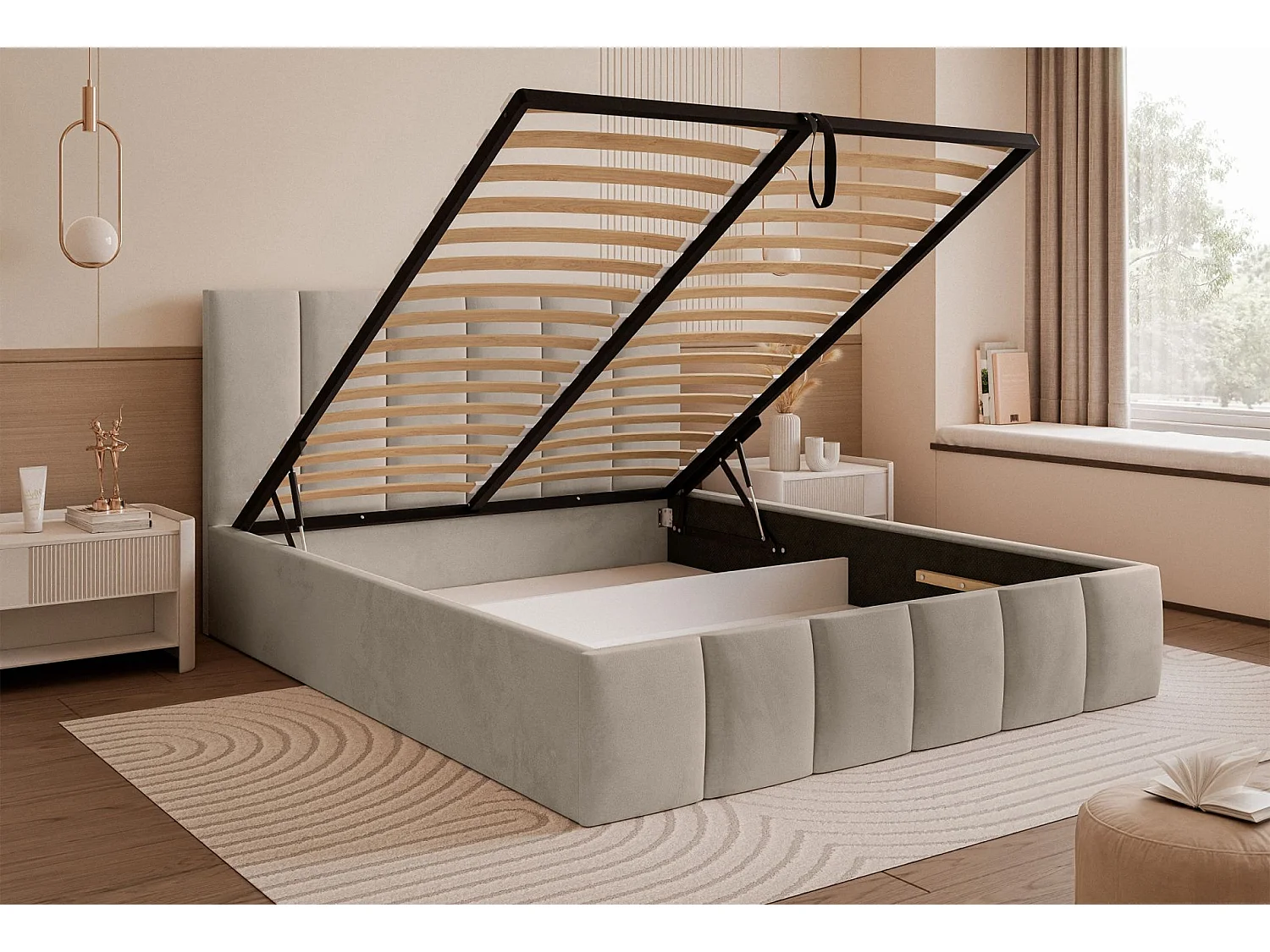 Opbergbed - 140x200 cm - in beigegrijze fluwelen stof - SARAFINO