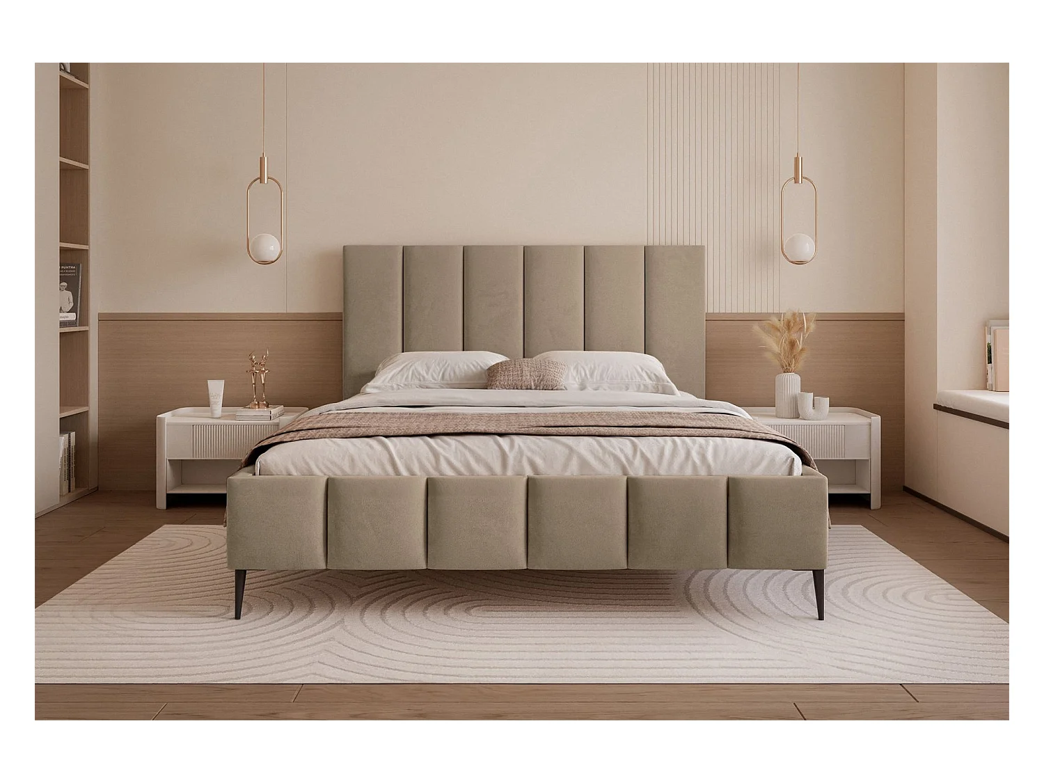 Lit coffre avec pieds - 160x200 cm - en tissu velours beige foncé - SARAFINO