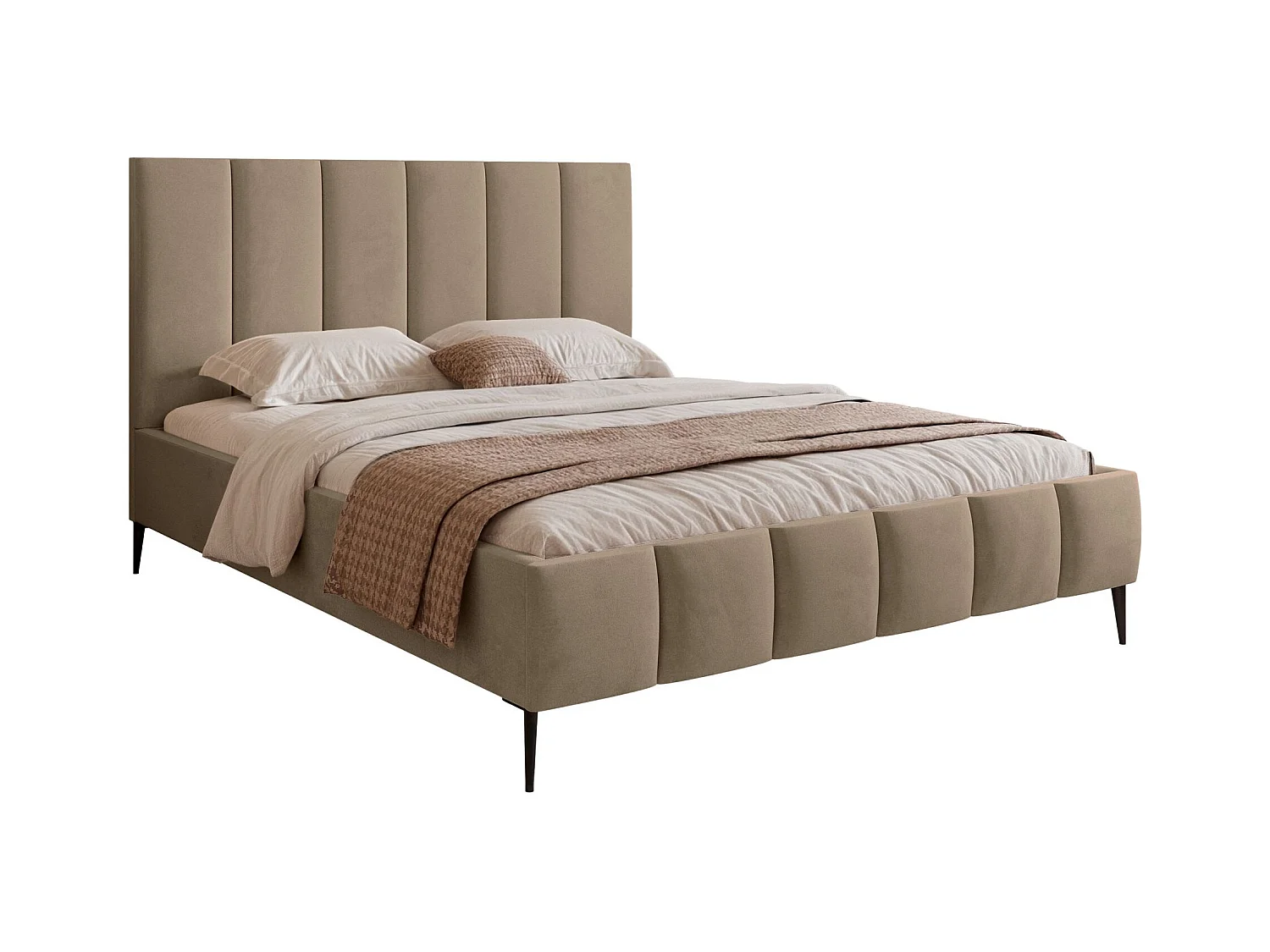 Lit coffre avec pieds - 160x200 cm - en tissu velours beige foncé - SARAFINO