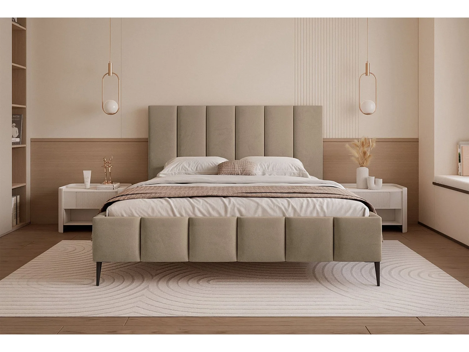 Lit coffre avec pieds - 160x200 cm - en tissu velours beige foncé - SARAFINO