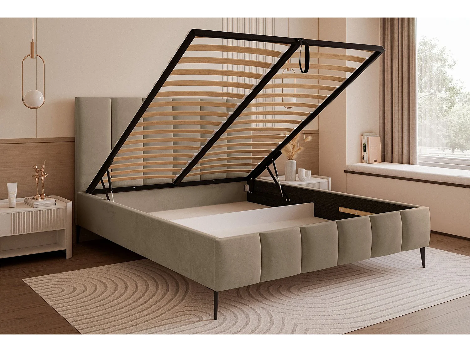 Lit coffre avec pieds - 160x200 cm - en tissu velours beige foncé - SARAFINO