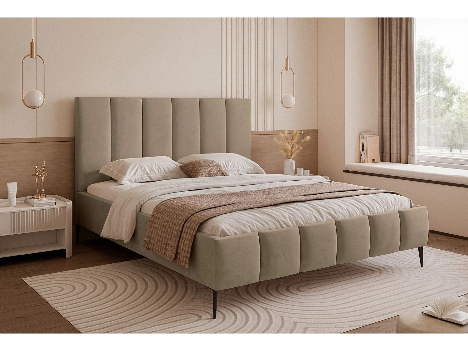 Opbergbed met poten - 160x200 cm - in donkerbeige fluwelen stof - SARAFINO