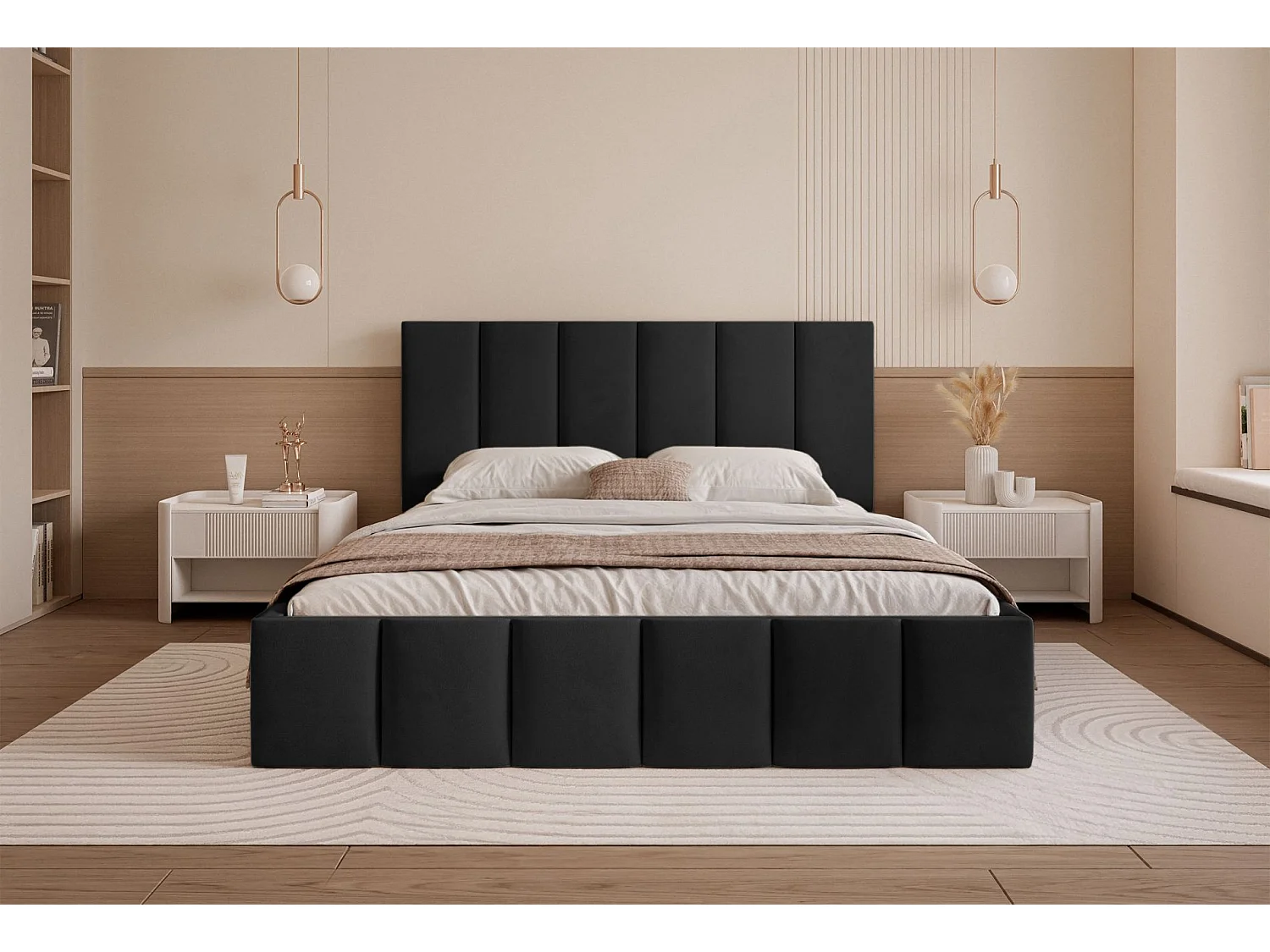 Opbergbed - 160x200 cm - in zwarte fluwelen stof - SARAFINO