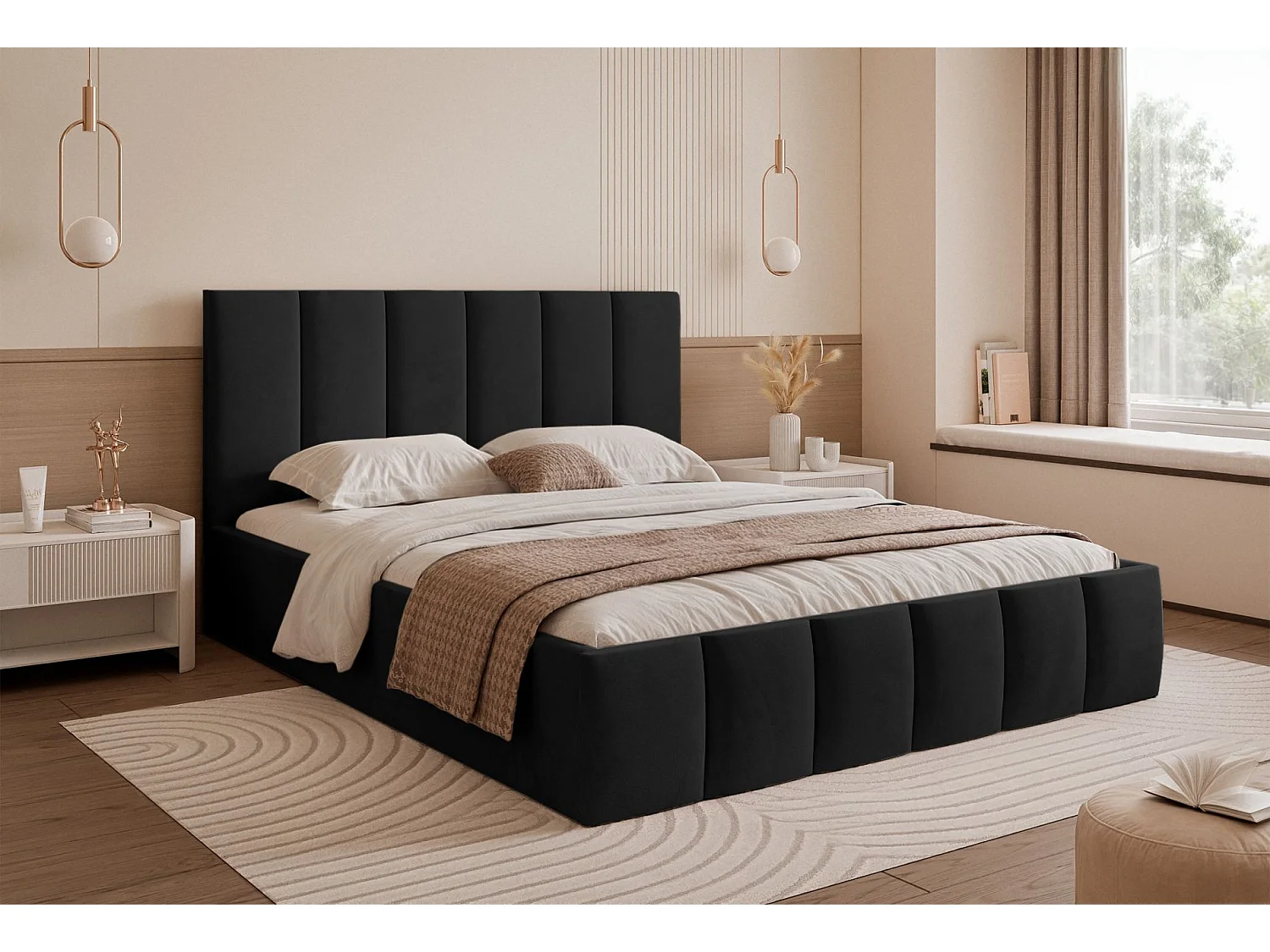 Opbergbed - 160x200 cm - in zwarte fluwelen stof - SARAFINO