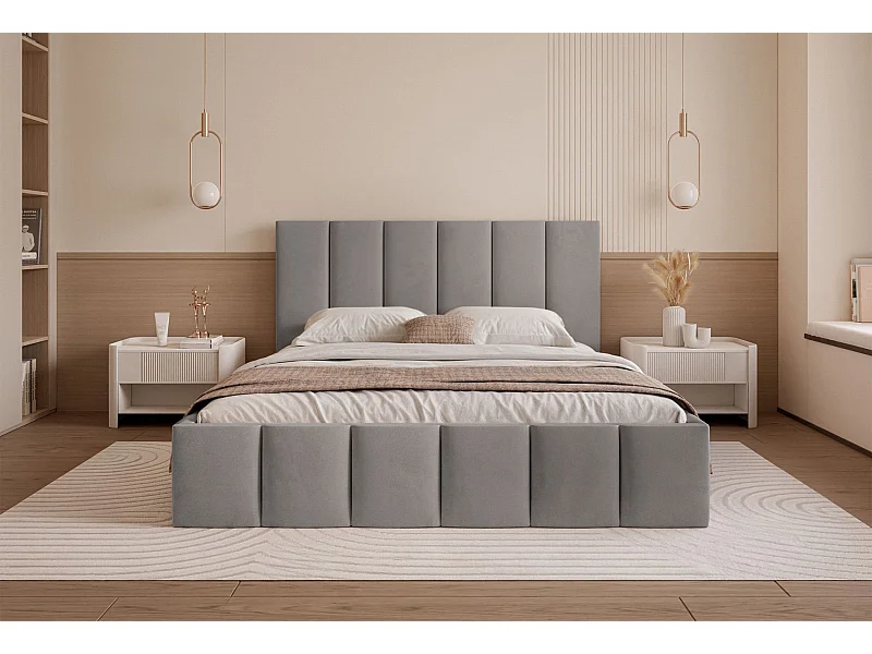 Lit coffre - 180x200 cm - en tissu velours gris clair - SARAFINO