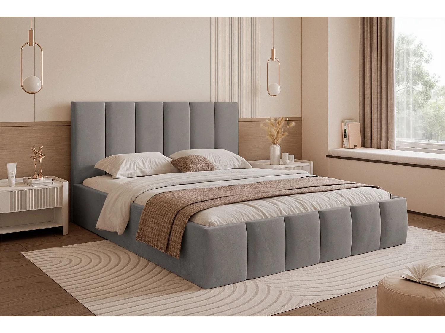 Lit coffre - 180x200 cm - en tissu velours gris clair - SARAFINO