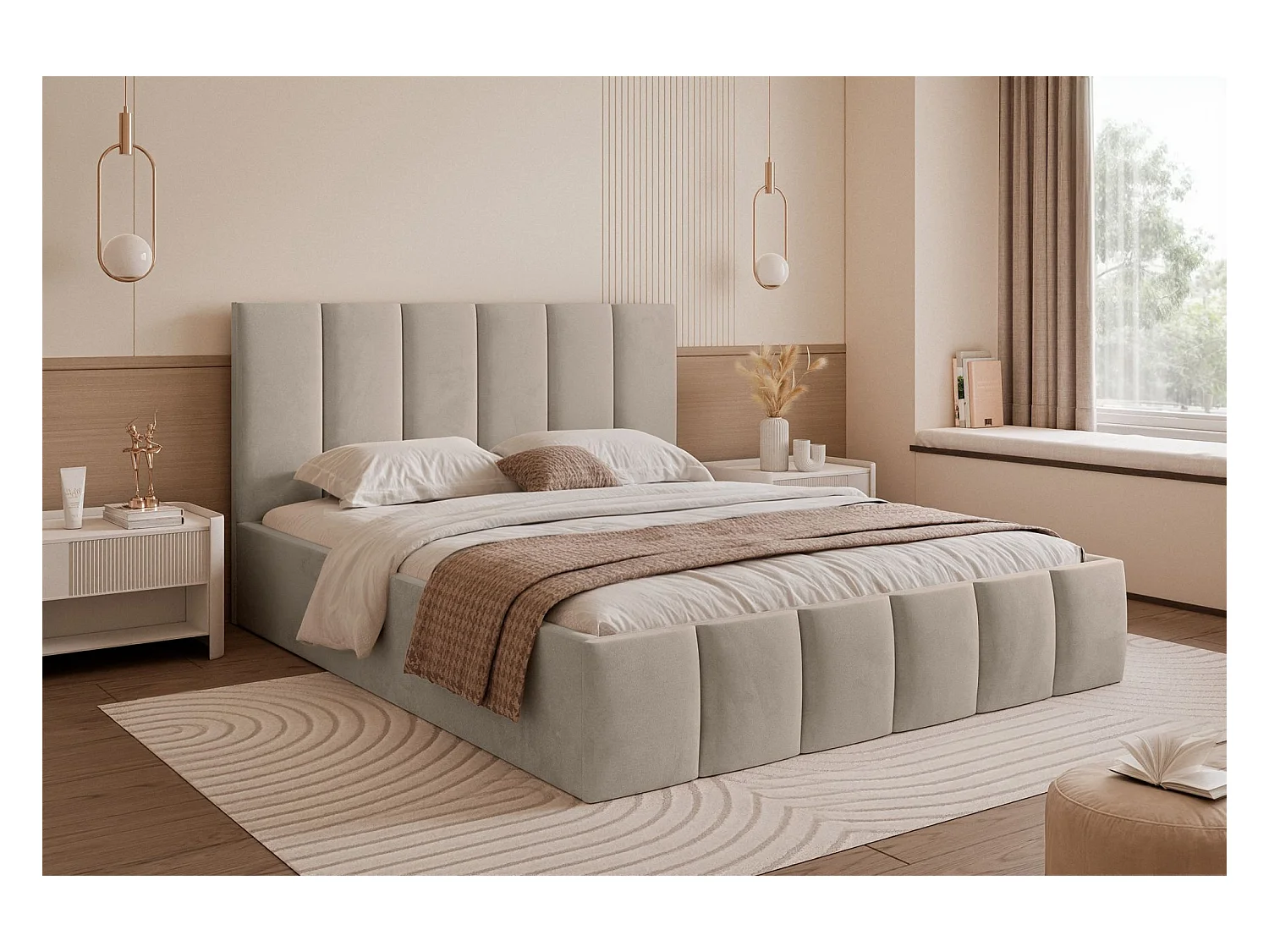 Opbergbed - 180x200 cm - in beigegrijze fluwelen stof - SARAFINO