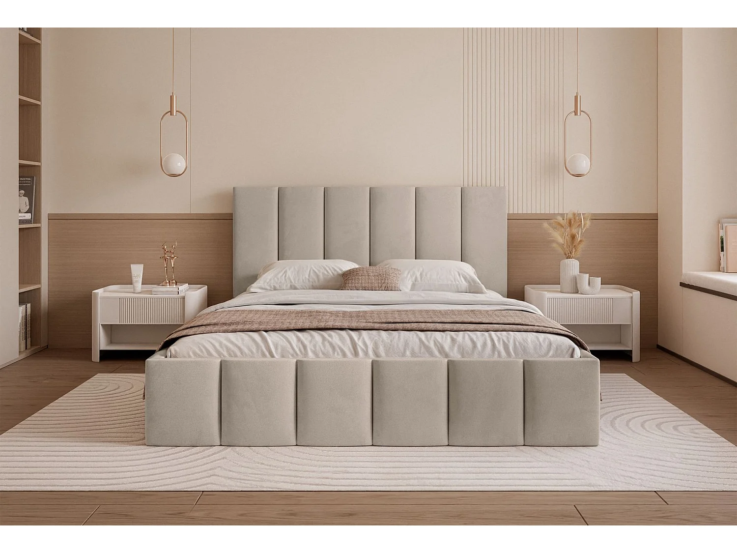 Opbergbed - 180x200 cm - in beigegrijze fluwelen stof - SARAFINO