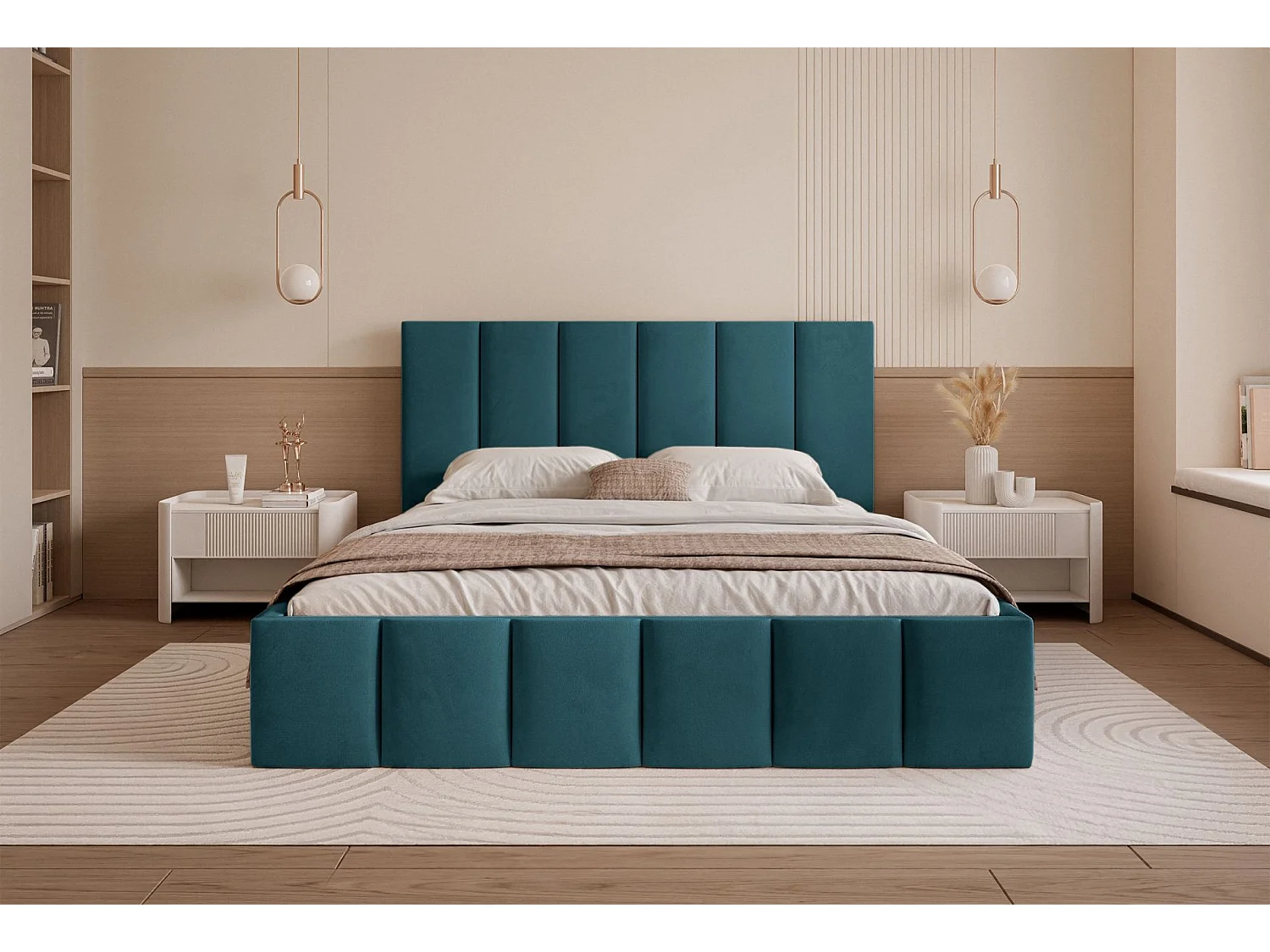 Opbergbed - 160x200 cm - in turquoise fluwelen stof - SARAFINO