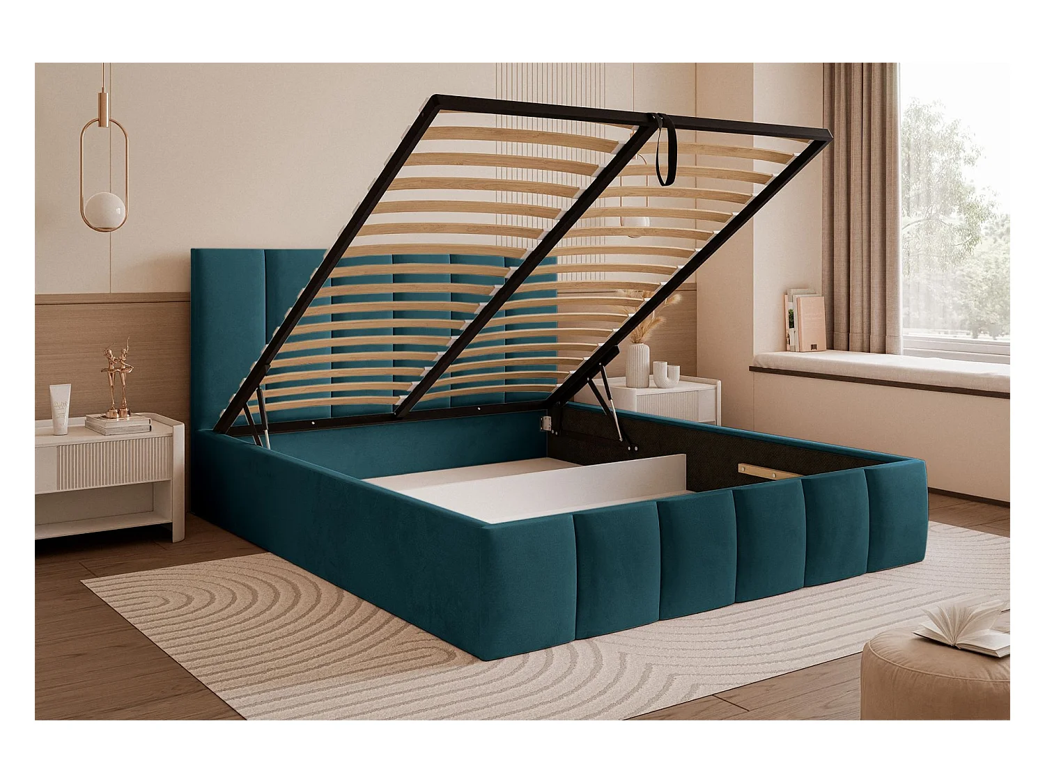 Opbergbed - 160x200 cm - in turquoise fluwelen stof - SARAFINO