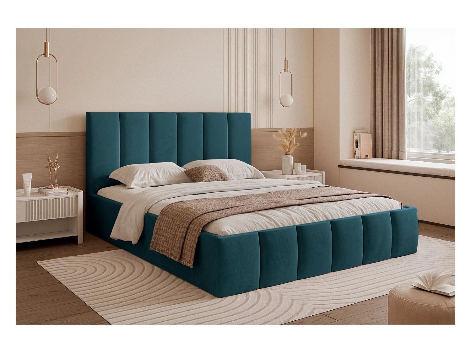 Lit coffre - 160x200 cm - en tissu velours turquoise - SARAFINO