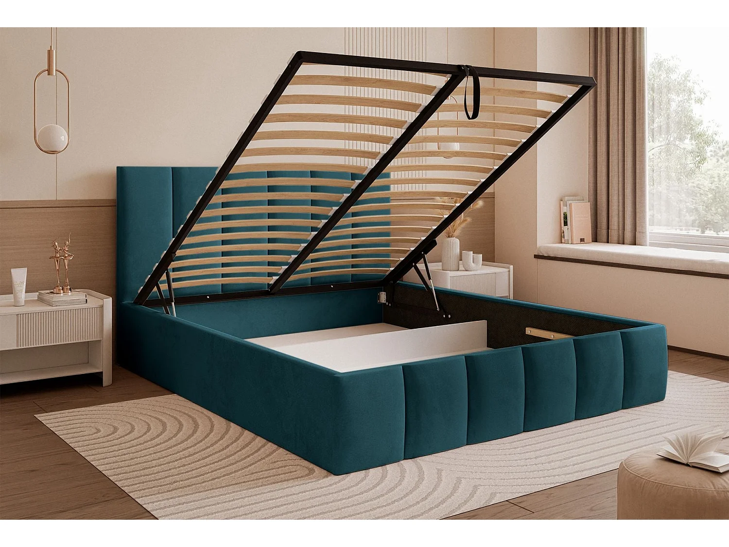 Lit coffre - 160x200 cm - en tissu velours turquoise - SARAFINO