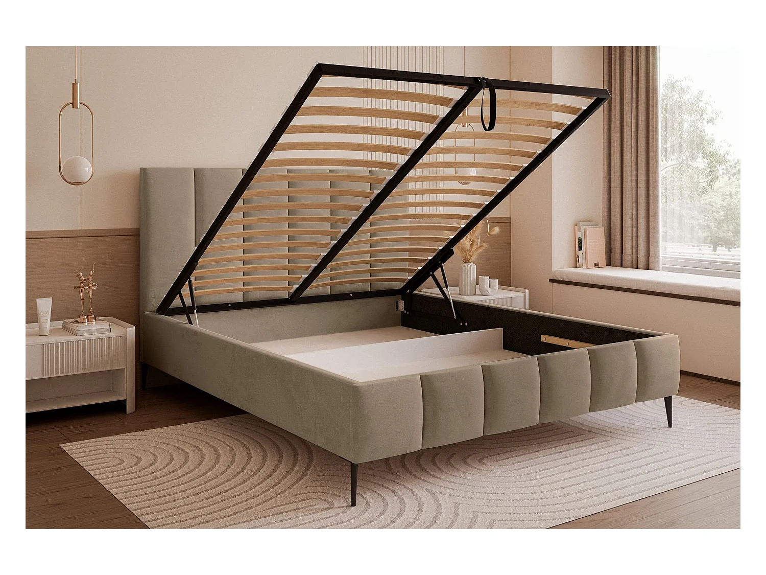 Lit coffre avec pieds - 140x200 cm - en tissu velours beige foncé - SARAFINO