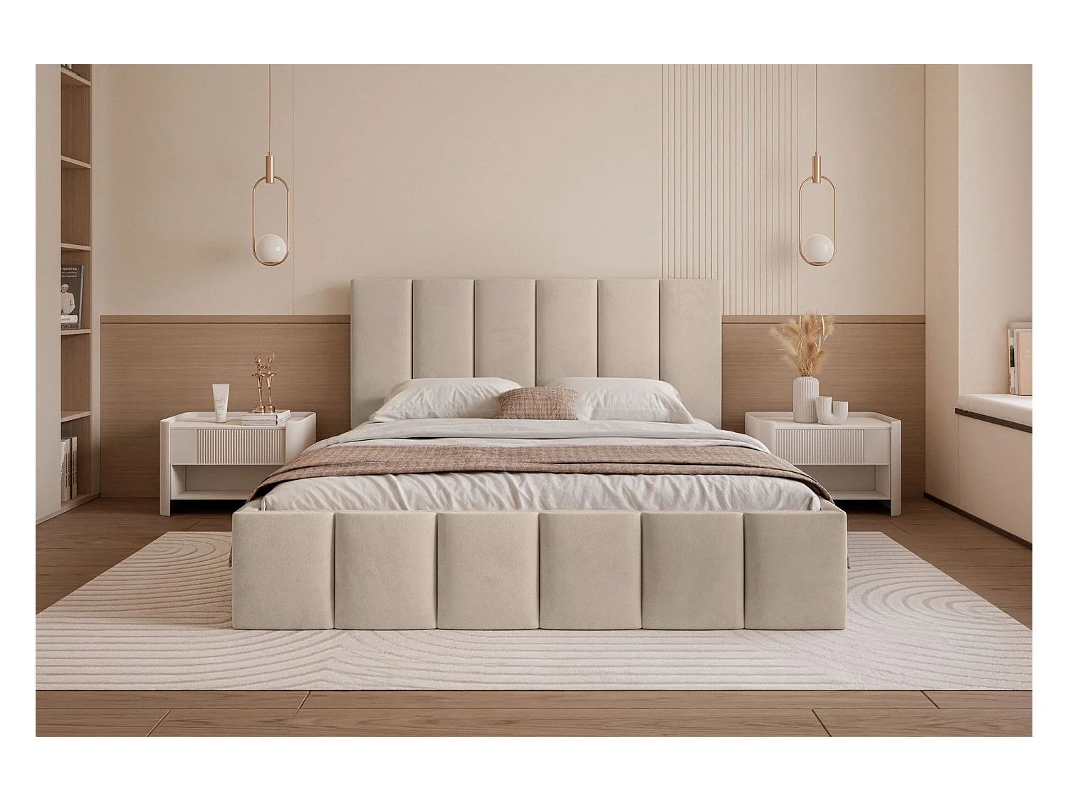 Opbergbed - 160x200 cm - in beige fluwelen stof - SARAFINO