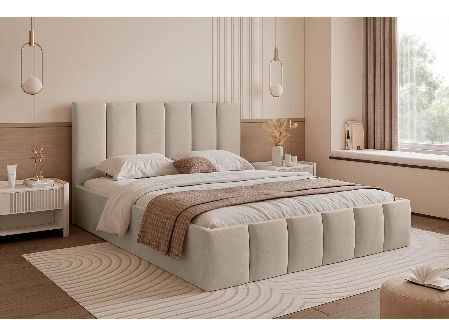 Opbergbed - 160x200 cm - in beige fluwelen stof - SARAFINO