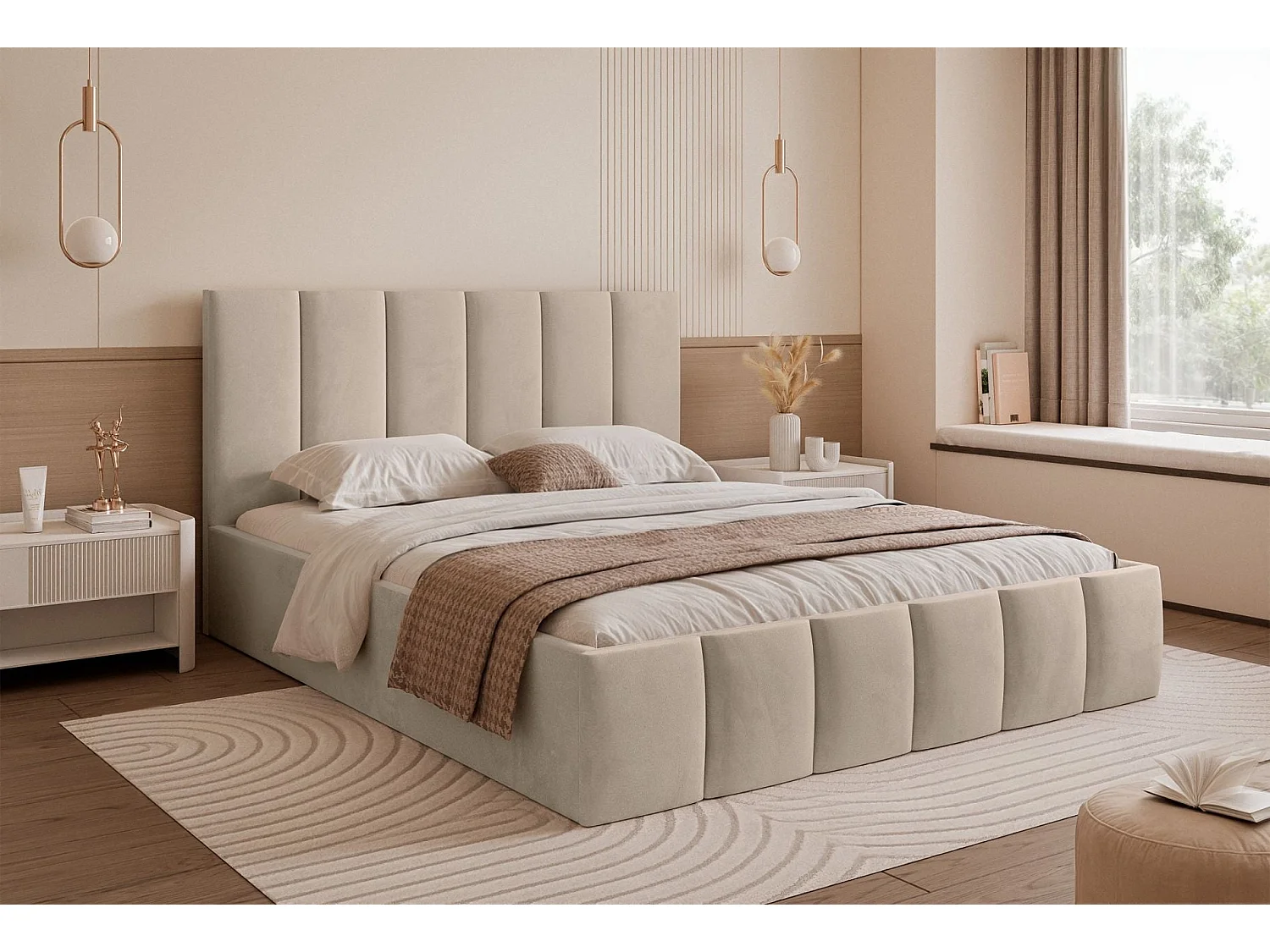 Lit coffre - 160x200 cm - en tissu velours beige - SARAFINO