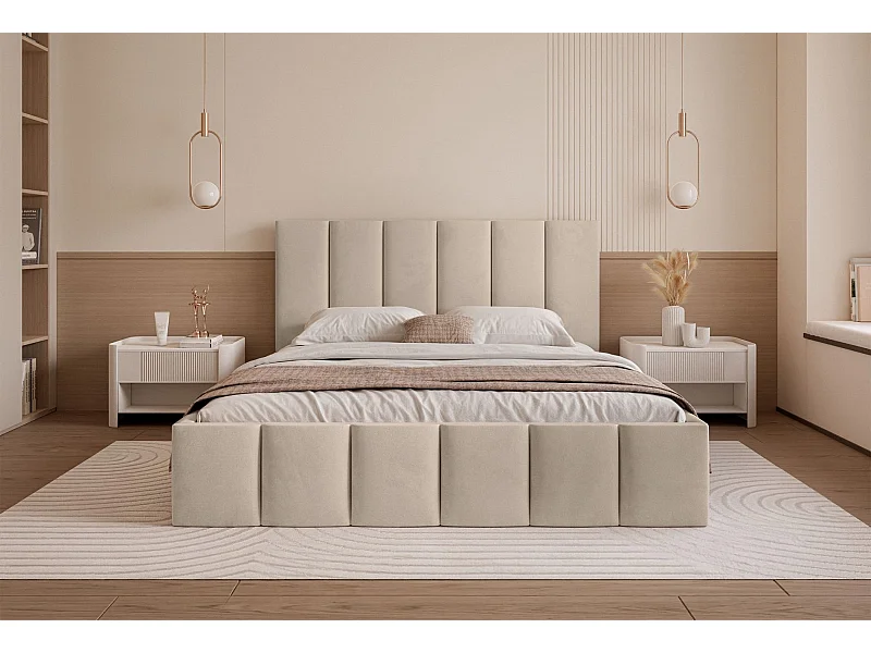 Lit coffre - 160x200 cm - en tissu velours beige - SARAFINO