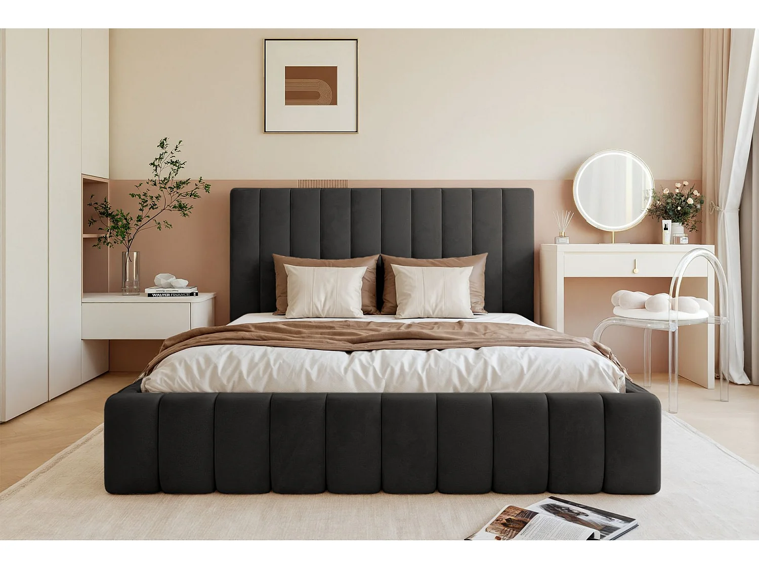 Lit coffre - 160x200 cm - en tissu velours gris foncé - FIARRO