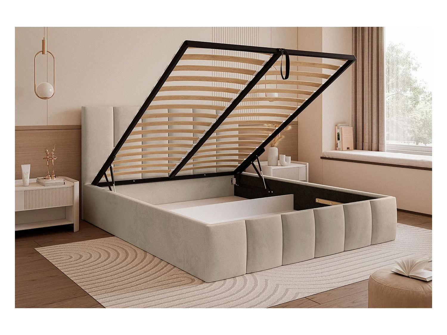 Lit coffre - 140x200 cm - en tissu velours beige - SARAFINO