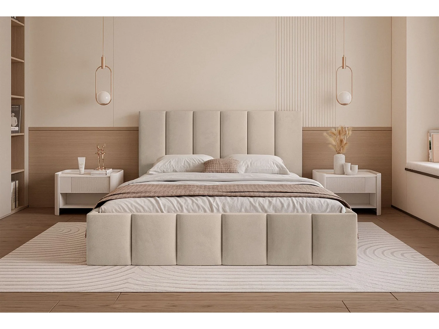 Lit coffre - 140x200 cm - en tissu velours beige - SARAFINO