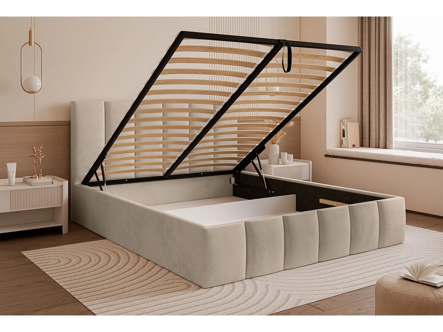 Lit coffre - 140x200 cm - en tissu velours beige - SARAFINO