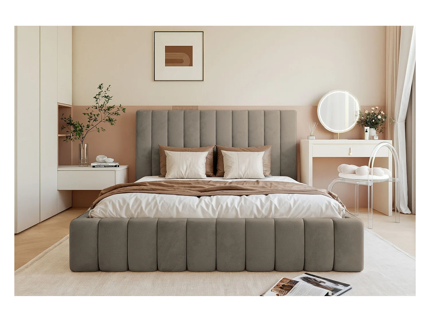 Lit coffre - 180x200 cm - en tissu velours gris-beige - FIARRO