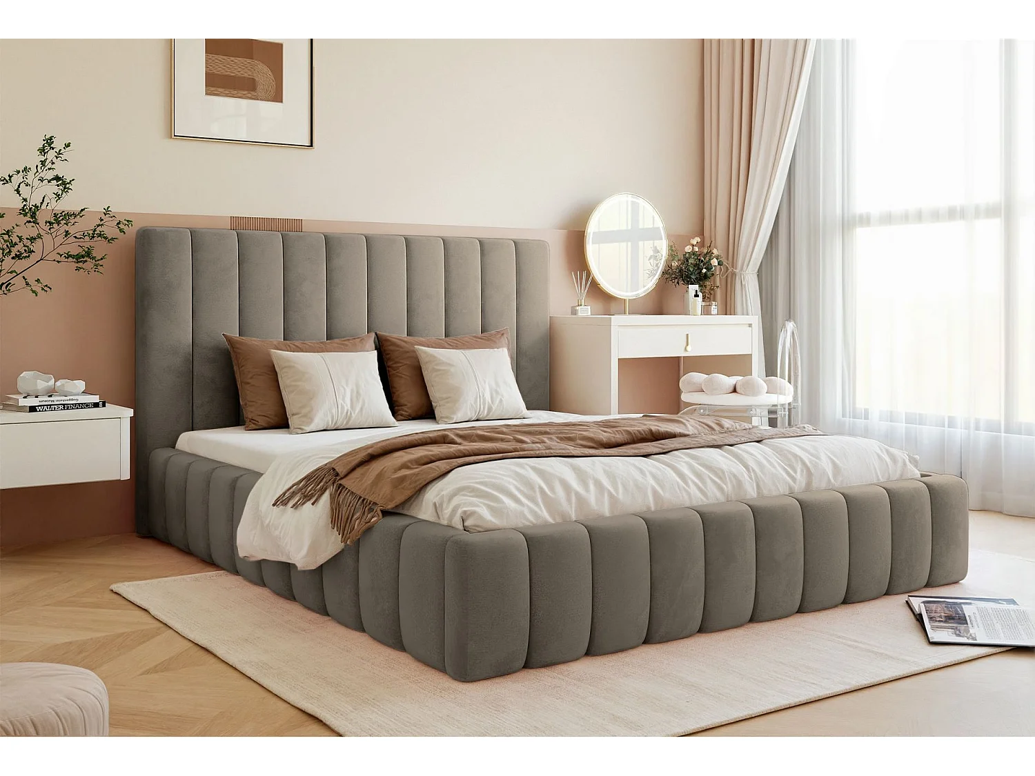 Lit coffre - 180x200 cm - en tissu velours gris-beige - FIARRO