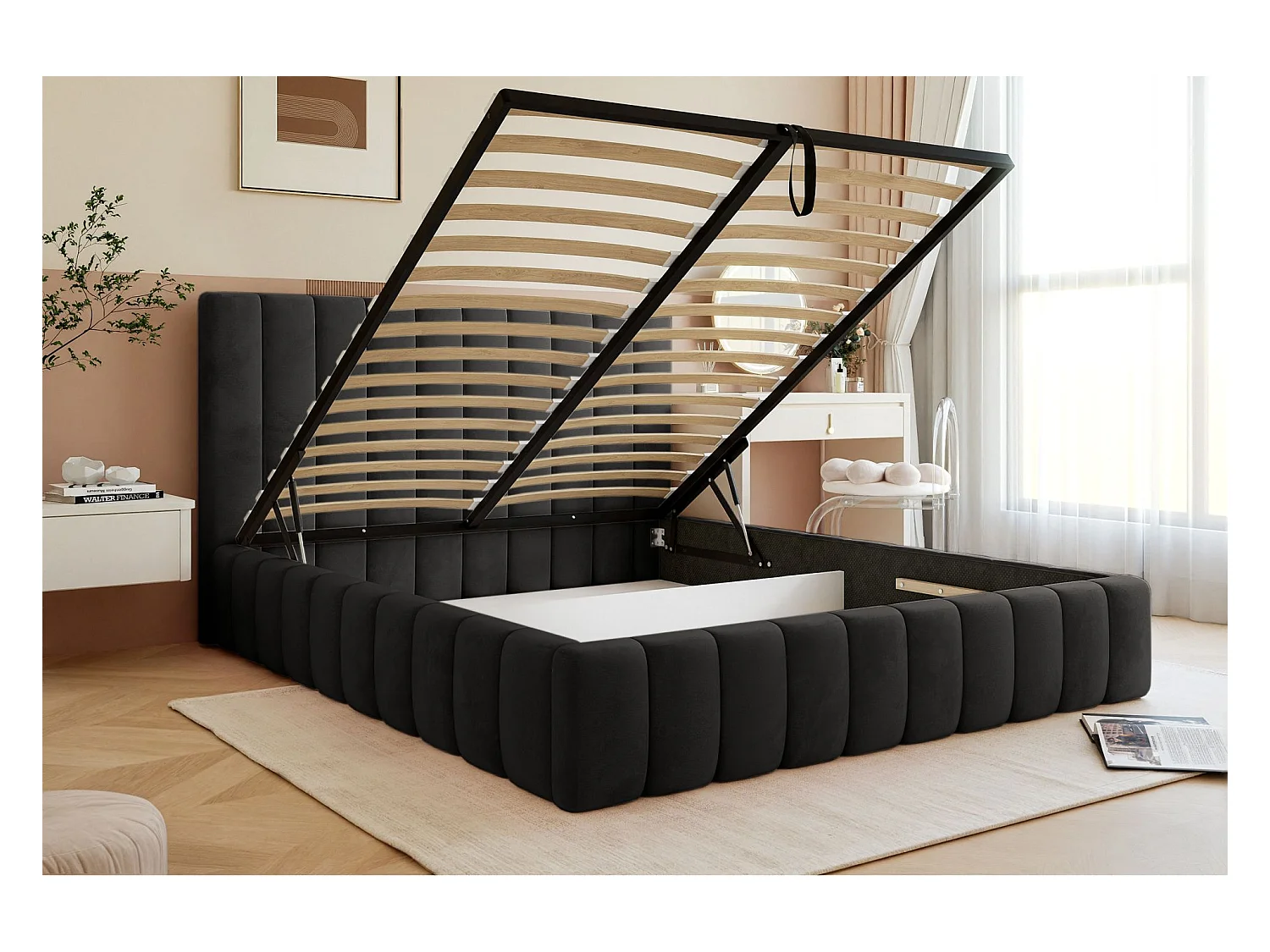 Lit coffre - 140x200 cm - en tissu velours gris foncé - FIARRO