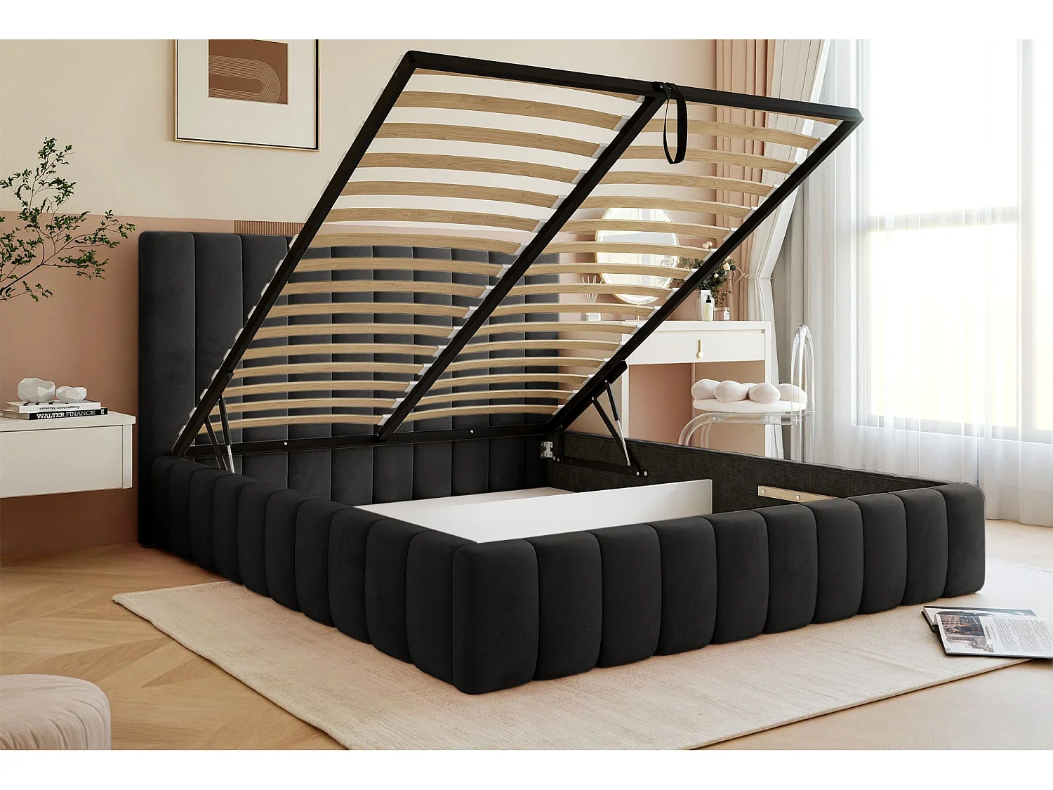 Lit coffre - 140x200 cm - en tissu velours gris foncé - FIARRO