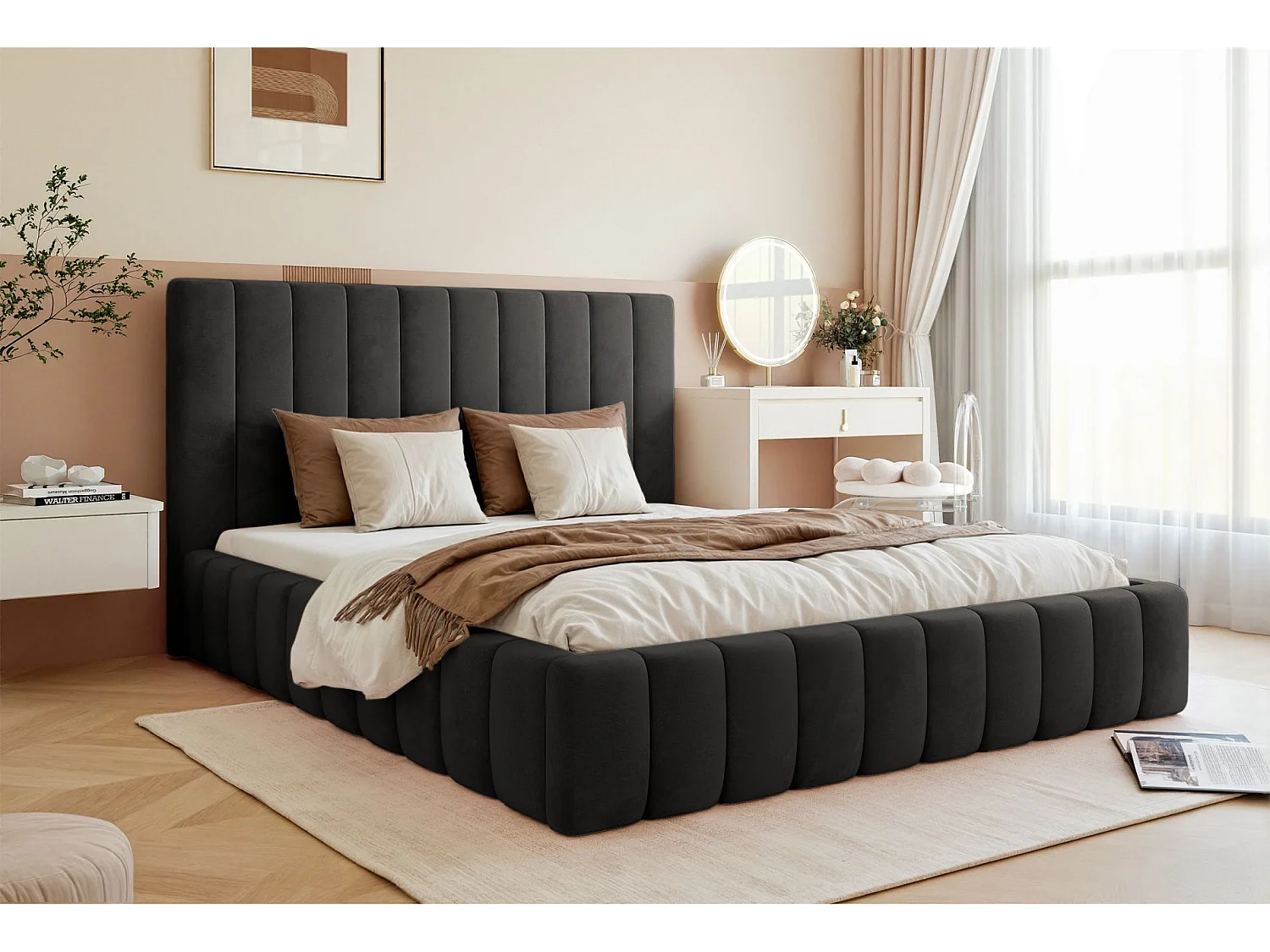 Lit coffre - 140x200 cm - en tissu velours gris foncé - FIARRO