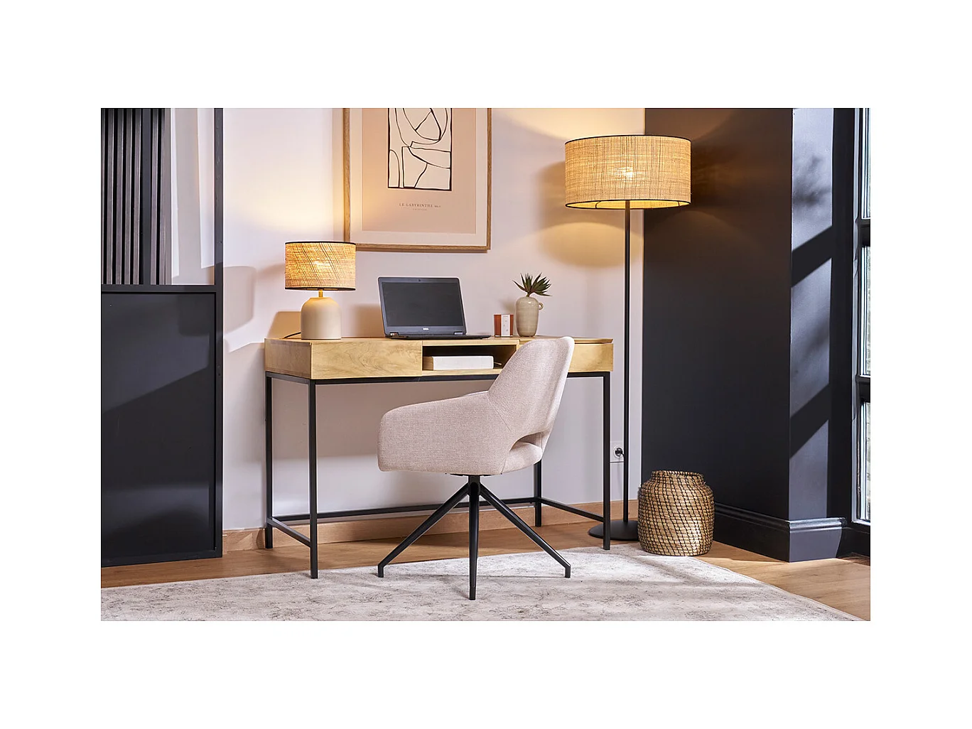 Chaise pivotante 360° en tissu velours côtelé terre brûlée et métal noir LAURETTE