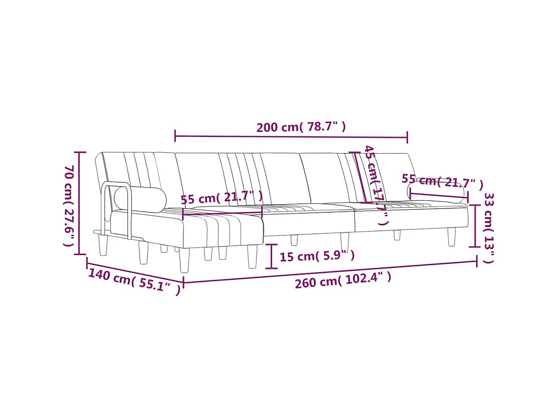 Divano Letto a L Blu 260x140x70 cm in Velluto