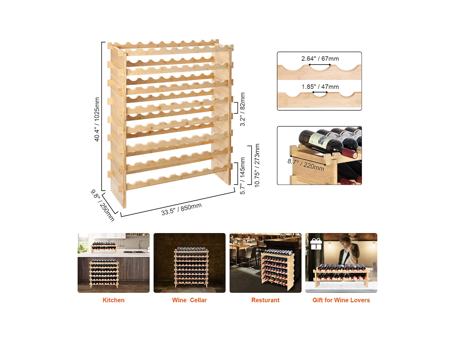 Casier à Vin SucceBuy en Bambou à 8 Niveaux Pour 72 Bouteilles, Présentoir Empilable et Modulaire