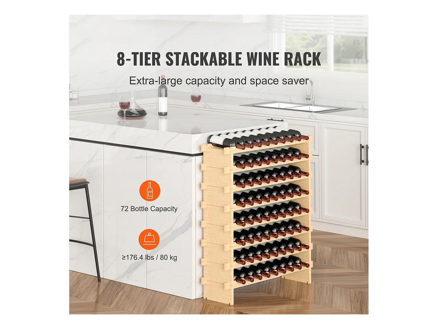 Casier à Vin SucceBuy en Bambou à 8 Niveaux Pour 72 Bouteilles, Présentoir Empilable et Modulaire