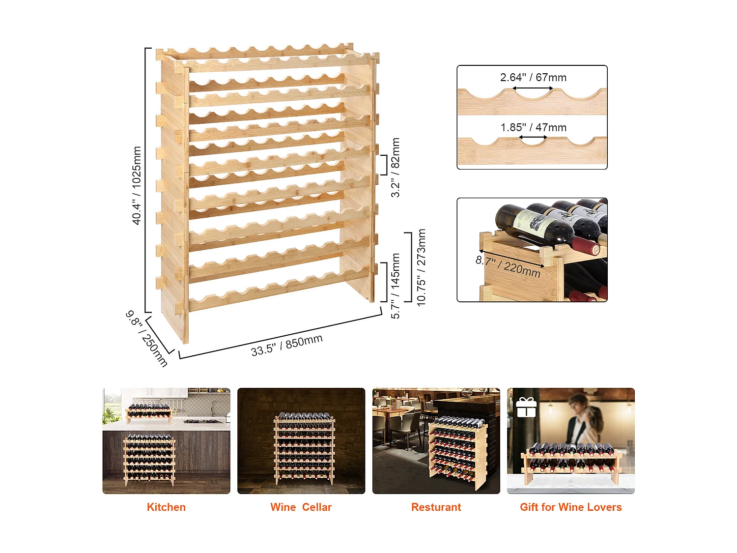 Casier à Vin SucceBuy en Bambou à 8 Niveaux Pour 72 Bouteilles, Présentoir Empilable et Modulaire