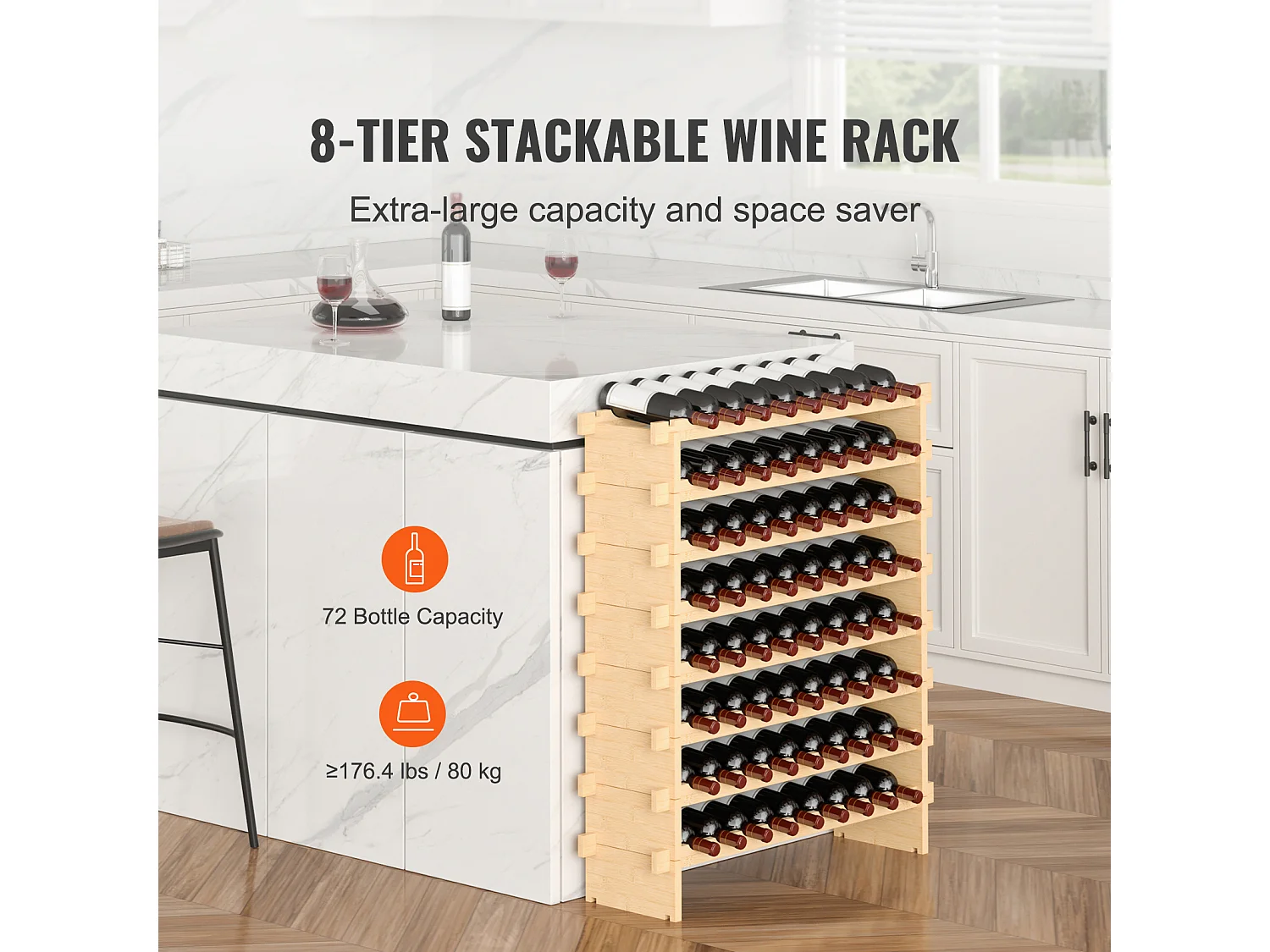 Casier à Vin SucceBuy en Bambou à 8 Niveaux Pour 72 Bouteilles, Présentoir Empilable et Modulaire