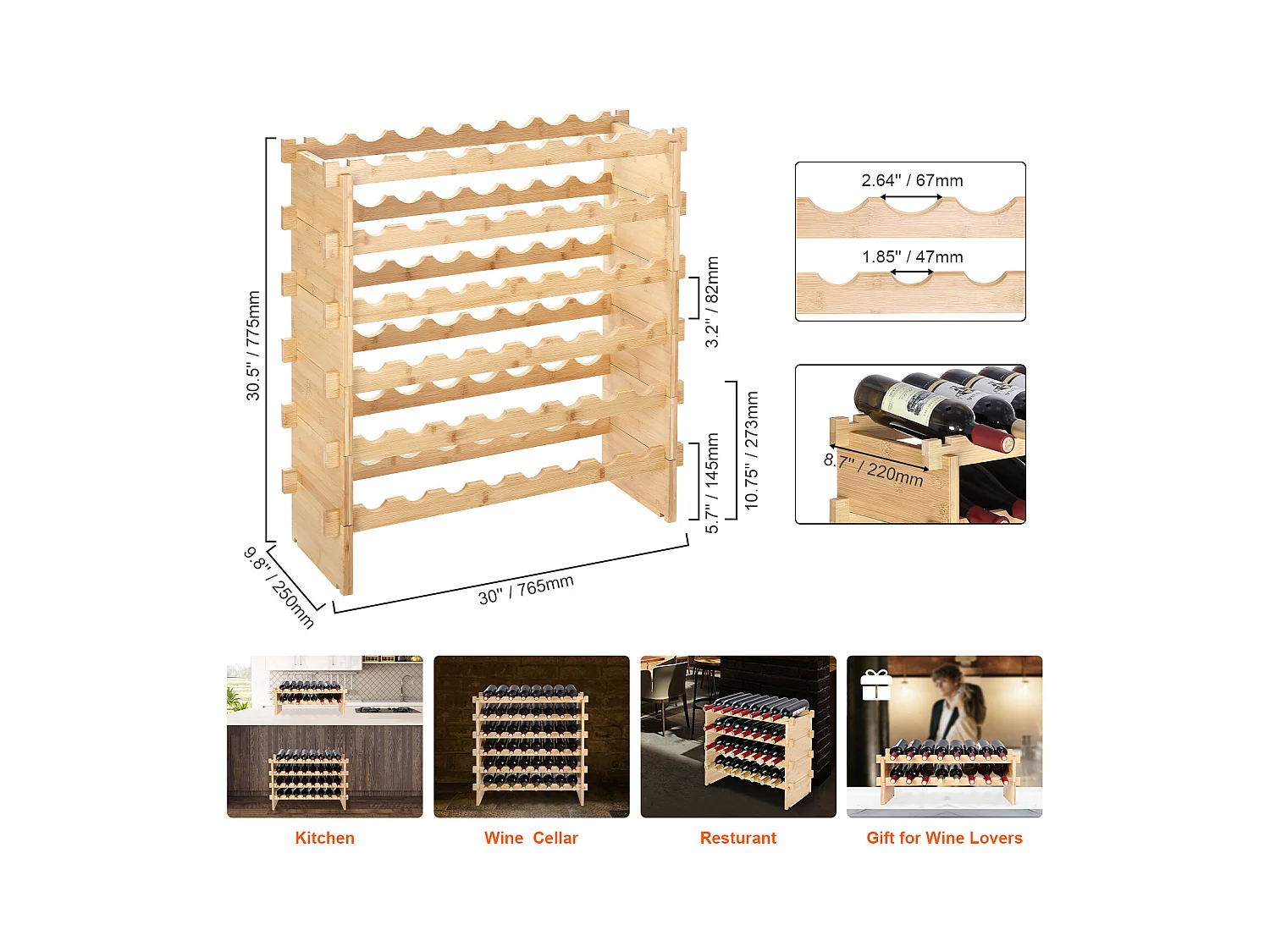 Casier à Vin SucceBuy Empilable Pour 48 Bouteilles, Étagère de Présentation en Bois de Bambou à 6 Niveaux