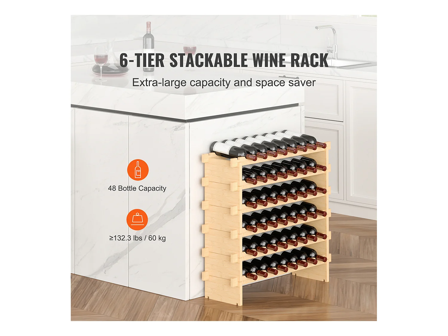 Casier à Vin SucceBuy Empilable Pour 48 Bouteilles, Étagère de Présentation en Bois de Bambou à 6 Niveaux