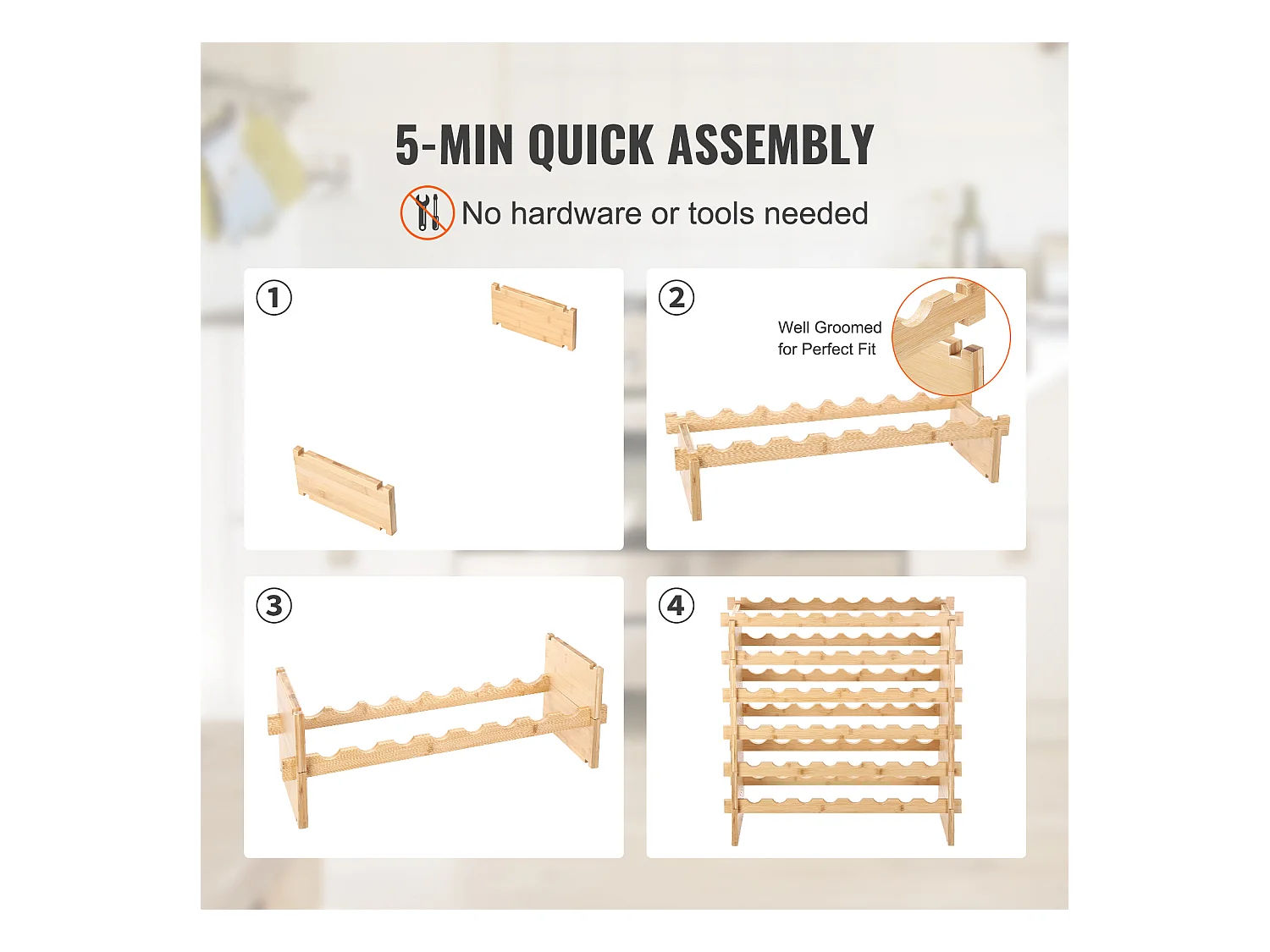 Casier à Vin SucceBuy Empilable Pour 48 Bouteilles, Étagère de Présentation en Bois de Bambou à 6 Niveaux