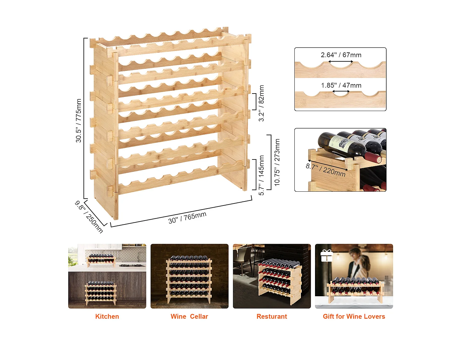 Casier à Vin SucceBuy Empilable Pour 48 Bouteilles, Étagère de Présentation en Bois de Bambou à 6 Niveaux