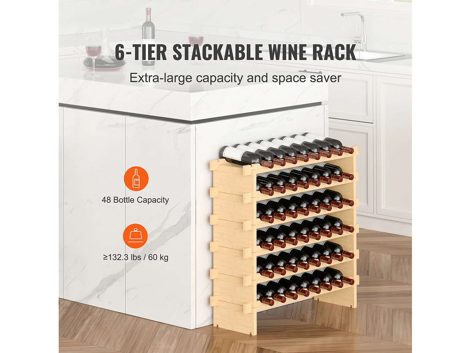 Casier à Vin SucceBuy Empilable Pour 48 Bouteilles, Étagère de Présentation en Bois de Bambou à 6 Niveaux