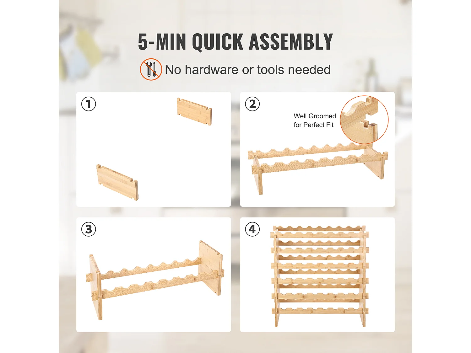 Casier à Vin SucceBuy Empilable Pour 48 Bouteilles, Étagère de Présentation en Bois de Bambou à 6 Niveaux
