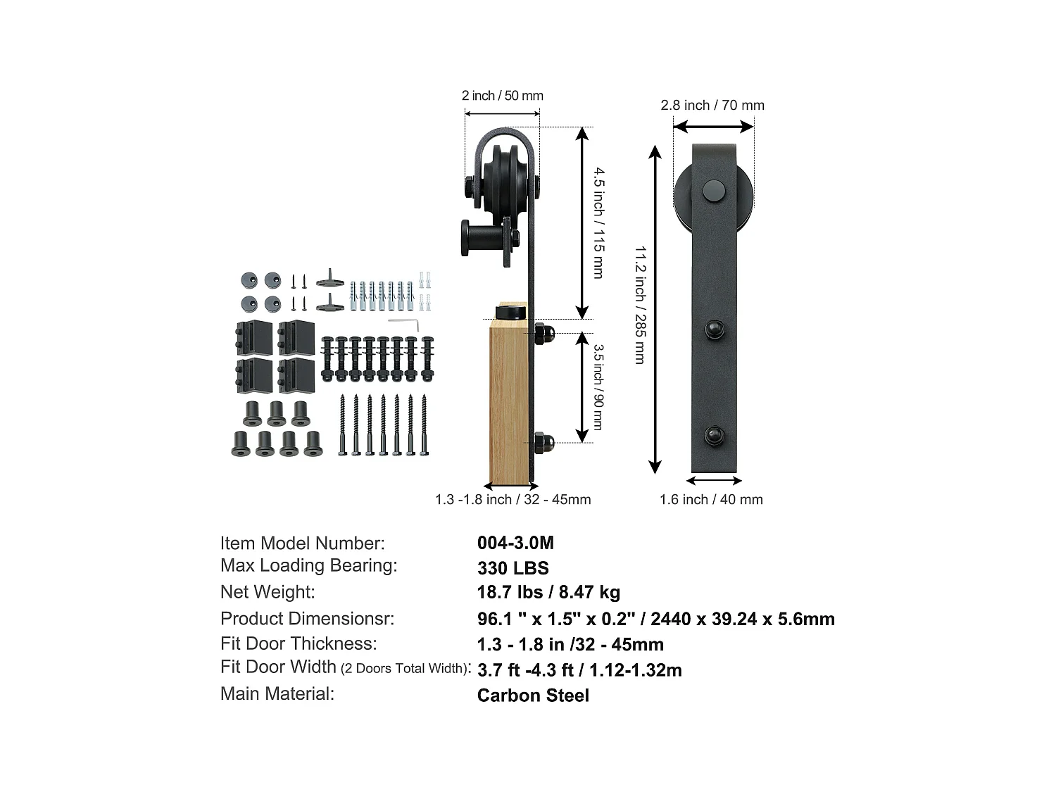 Porte Coulissante SucceBuy Kit de Quincaillerie pour Porte de Grange Coulissante de 8 Pieds, Rail de Porte Double et Support en J