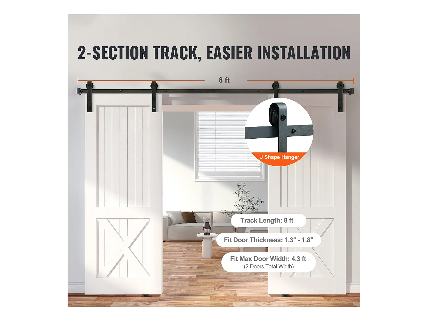 Porte Coulissante SucceBuy Kit de Quincaillerie pour Porte de Grange Coulissante de 8 Pieds, Rail de Porte Double et Support en J