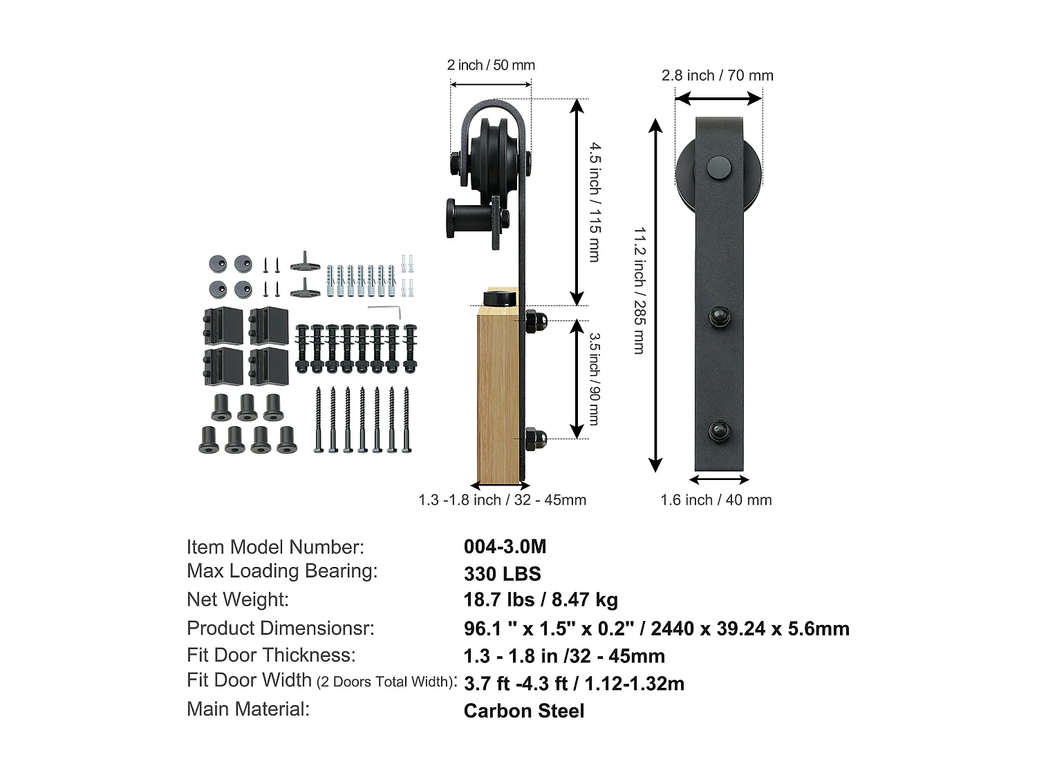 Porte Coulissante SucceBuy Kit de Quincaillerie pour Porte de Grange Coulissante de 8 Pieds, Rail de Porte Double et Support en J