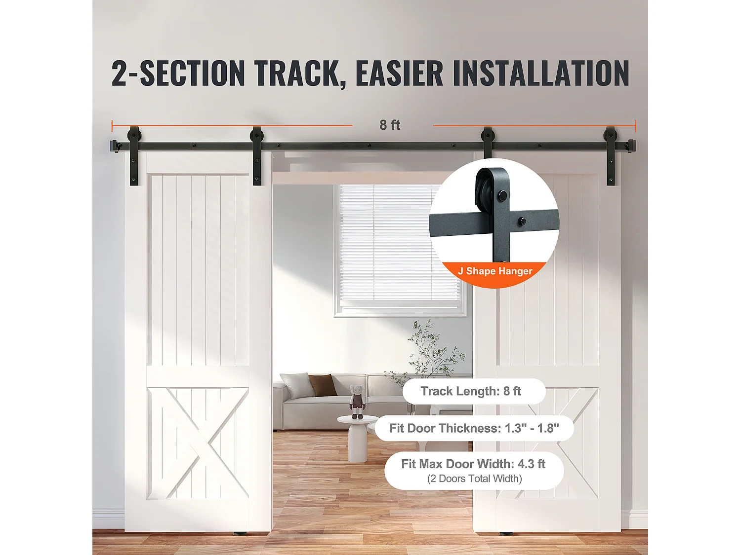 Porte Coulissante SucceBuy Kit de Quincaillerie pour Porte de Grange Coulissante de 8 Pieds, Rail de Porte Double et Support en J