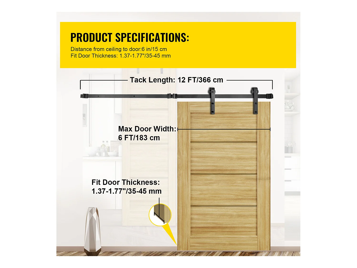 Porte Coulissante SucceBuy Kit de Quincaillerie pour Porte de Grange de 3,7 M, Acier au Carbone, Rail de Porte Double
