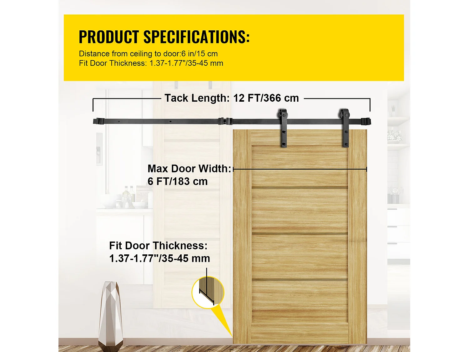 Porte Coulissante SucceBuy Kit de Quincaillerie pour Porte de Grange de 3,7 M, Acier au Carbone, Rail de Porte Double