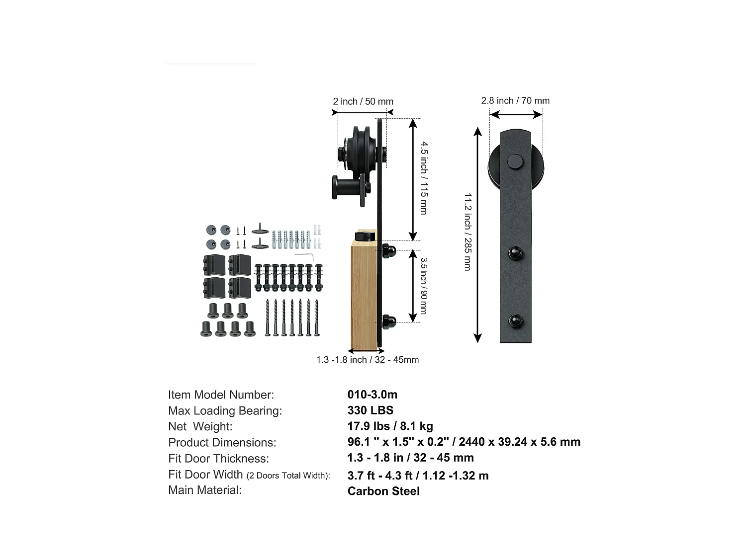 Porte Coulissante SucceBuy Kit de Quincaillerie pour Porte de Grange Coulissante 8 Pieds | Rail de Placard pour Portes Doubles | I-Hangers
