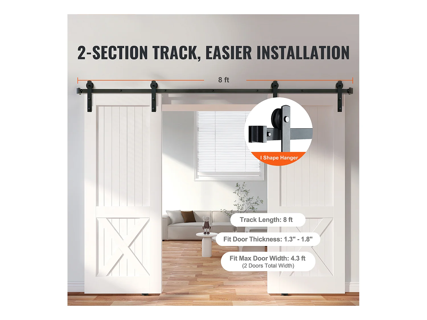 Porte Coulissante SucceBuy Kit de Quincaillerie pour Porte de Grange Coulissante 8 Pieds | Rail de Placard pour Portes Doubles | I-Hangers